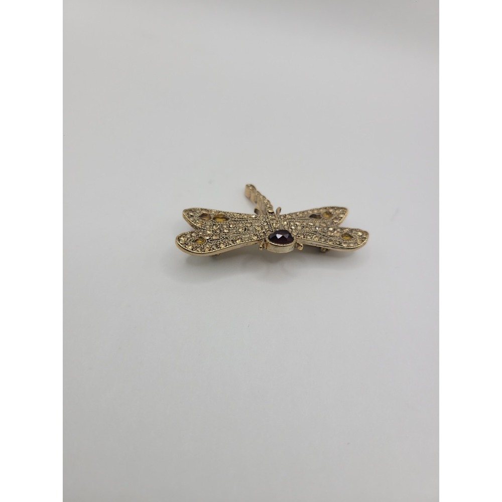 Vintage Monet Dragonfly Brooch Gold Tone Amber Rhinestone Insect Figural Pin Sig - Picture 8 of 12